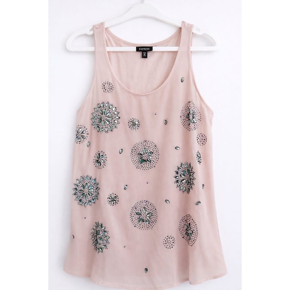 Express Pink Rhinestone Floral Tank Top Y2K Boho Glam Sheer Front Medium